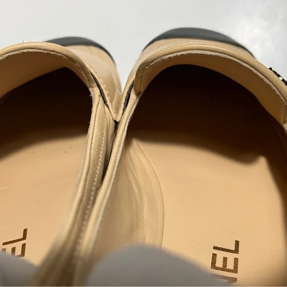 CHANEL Beige Leather Loafers with Black Cap Toe and Gold CC - Picture 13 of 16